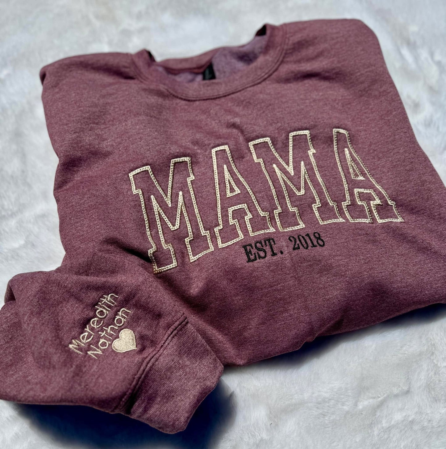 MAMA est embroidered crew with names on sleeve