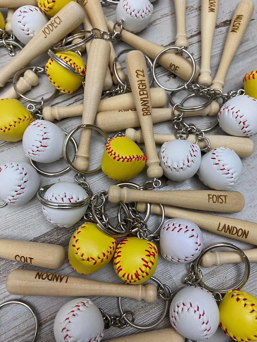 Engraved softball/baseball keychains