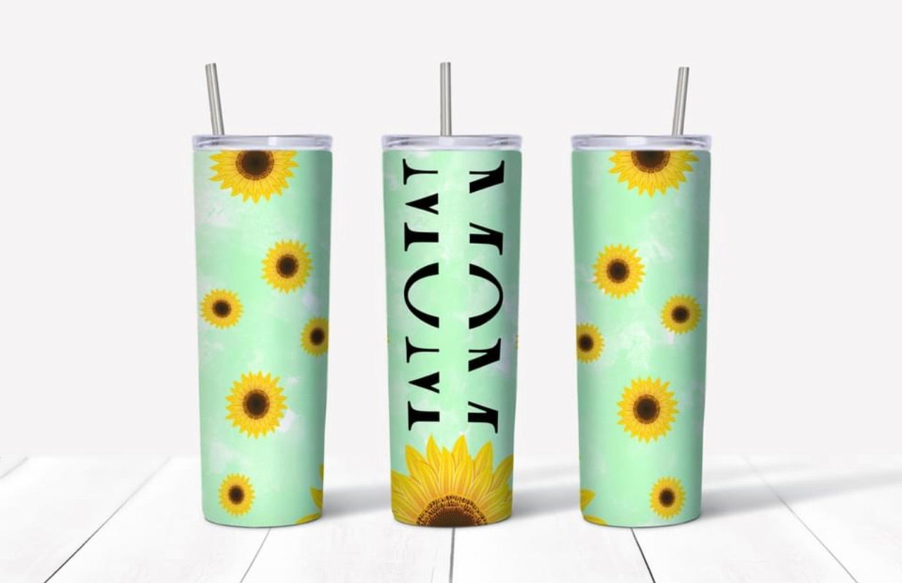 Mom (customize with names) sunflower light green tumbler