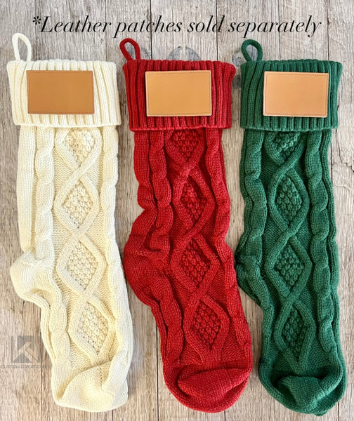 Cable knit Christmas stockings with personalized leather patch