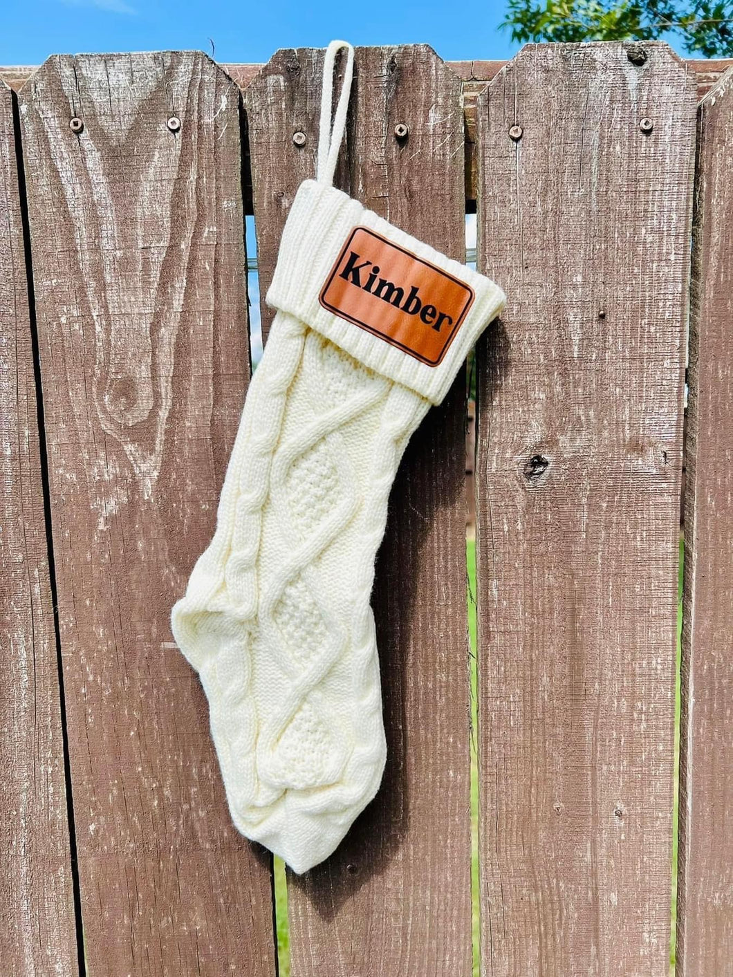 Cable knit Christmas stockings with personalized leather patch