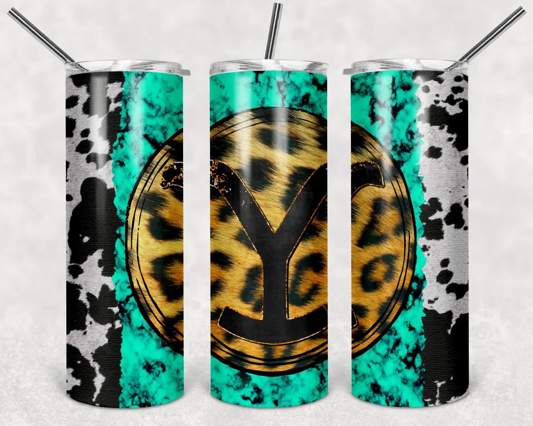 Yellowstone cow print and teal tumbler