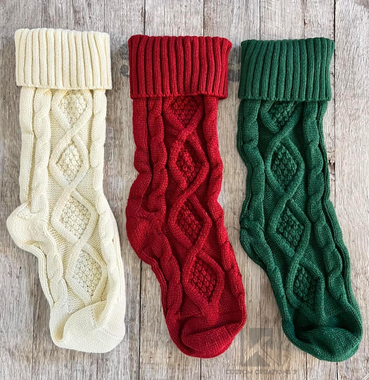 Cable knit Christmas stockings with personalized leather patch